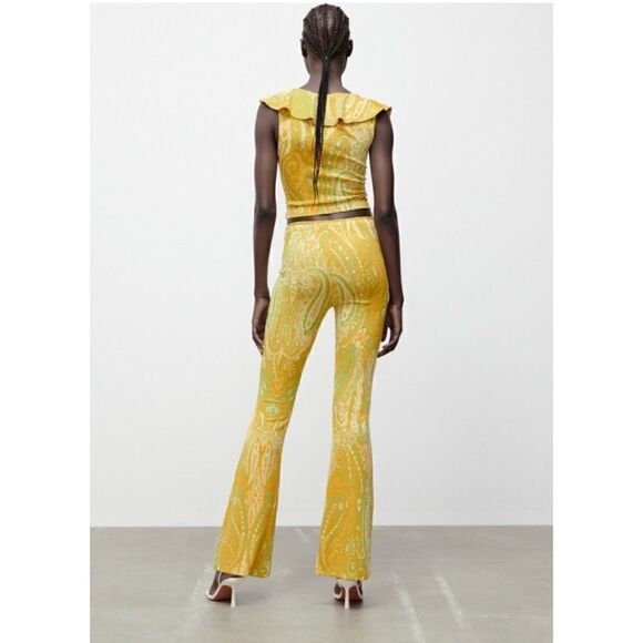 NWT Zara Yellow & Green Jacquard High Waisted Pull On Flare Pants, Size Medium - Picture 4 of 16
